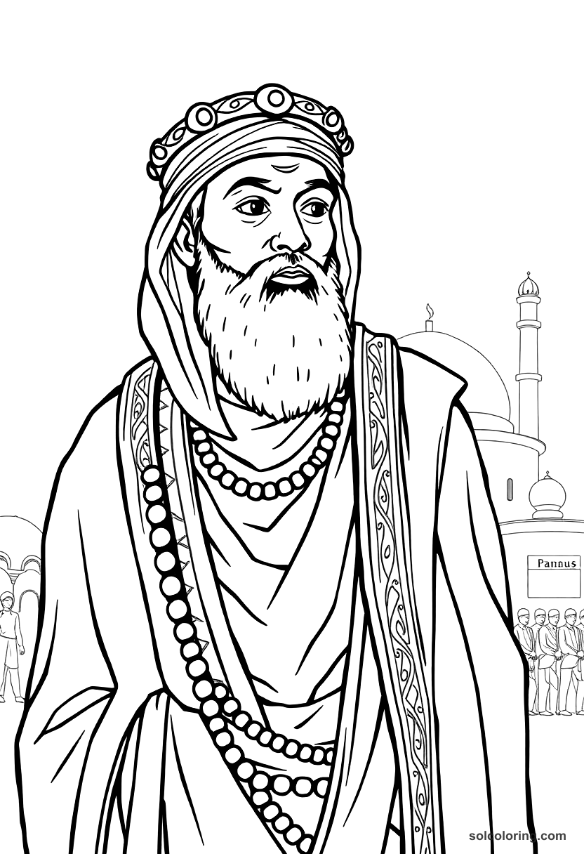 Mansa Musa on His Pilgrimage to Mecca coloring page, free printable realistic style
