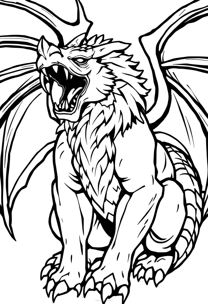 Cute chibi Manticore coloring page with lion body, human face, scorpion tail and bold outlines for easy coloring