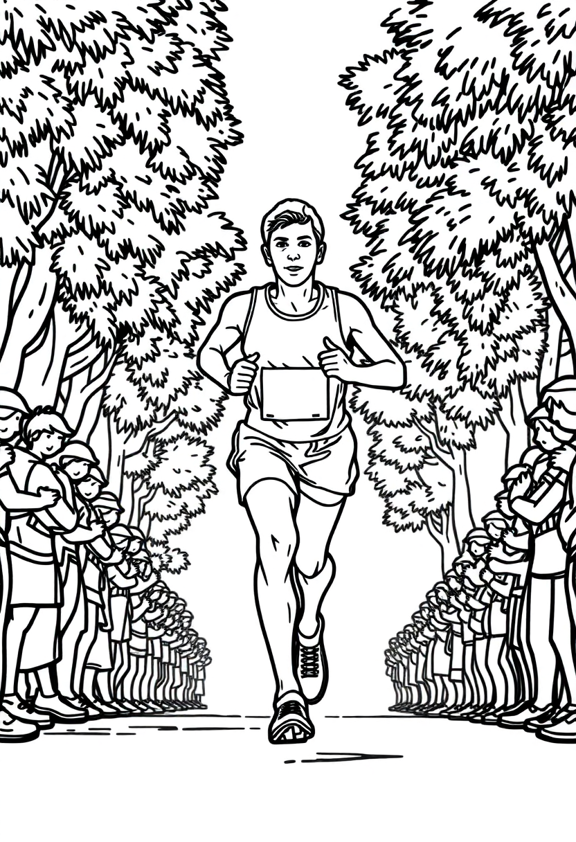 Marathon runner in action coloring page showing athlete mid-stride with bold outlines for easy coloring