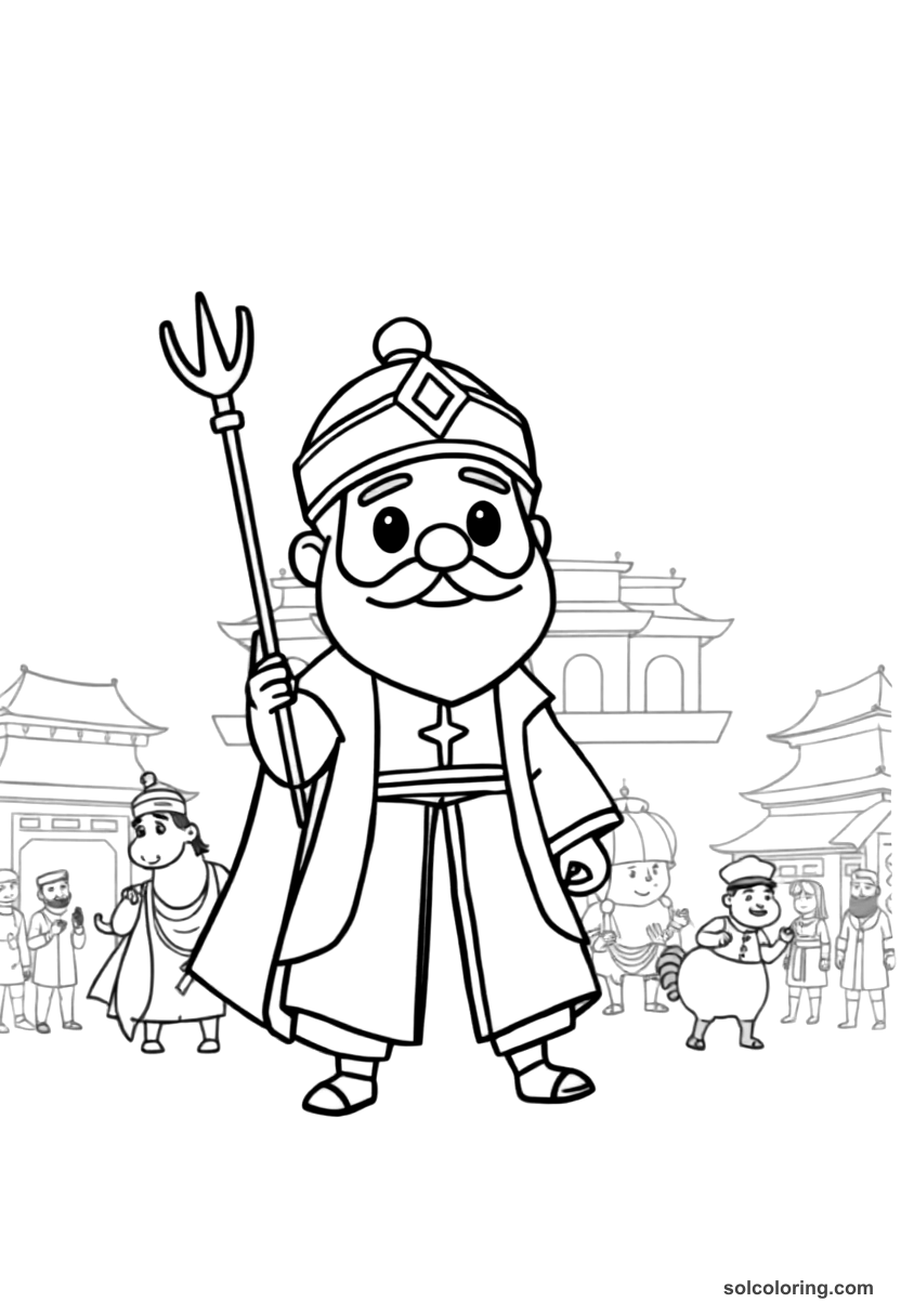 Cute Cartoon Marco Polo Arriving in Kublai Khan's Court coloring page, free printable cute cartoon style