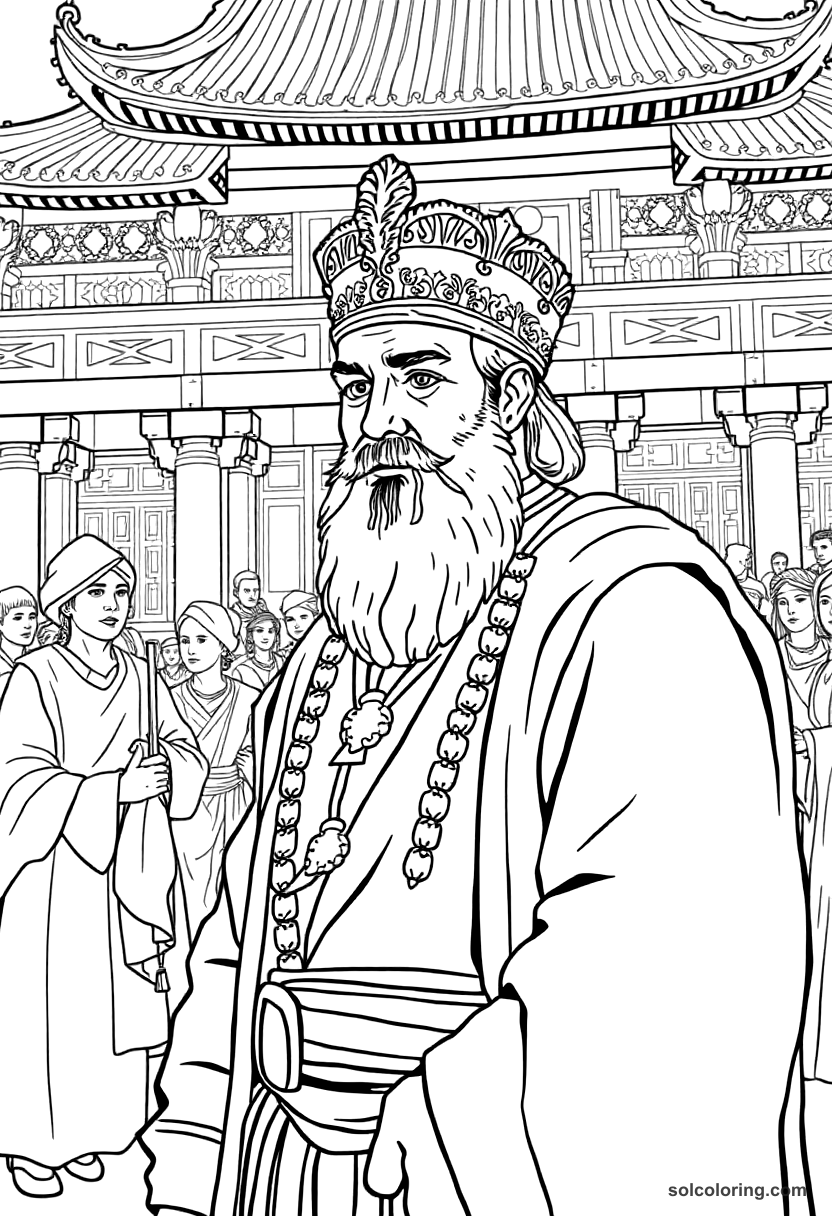 Marco Polo Arriving in Kublai Khan's Court coloring page, free printable detailed style
