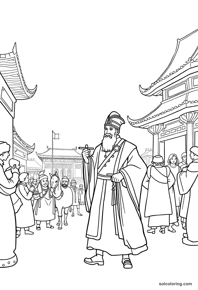 Simple Marco Polo Arriving in Kublai Khan's Court coloring page, free printable simple style