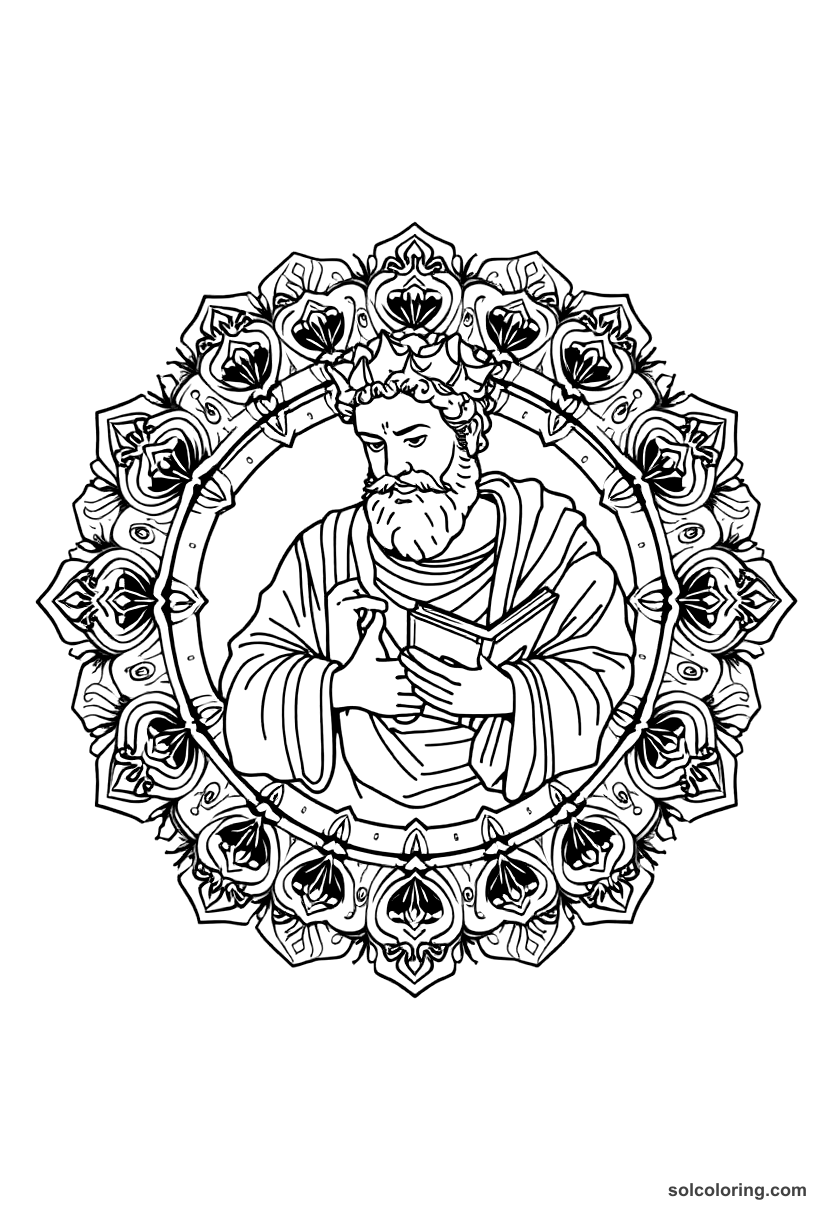 Mandala Marcus Aurelius Writing His Meditations coloring page, free printable mandala style