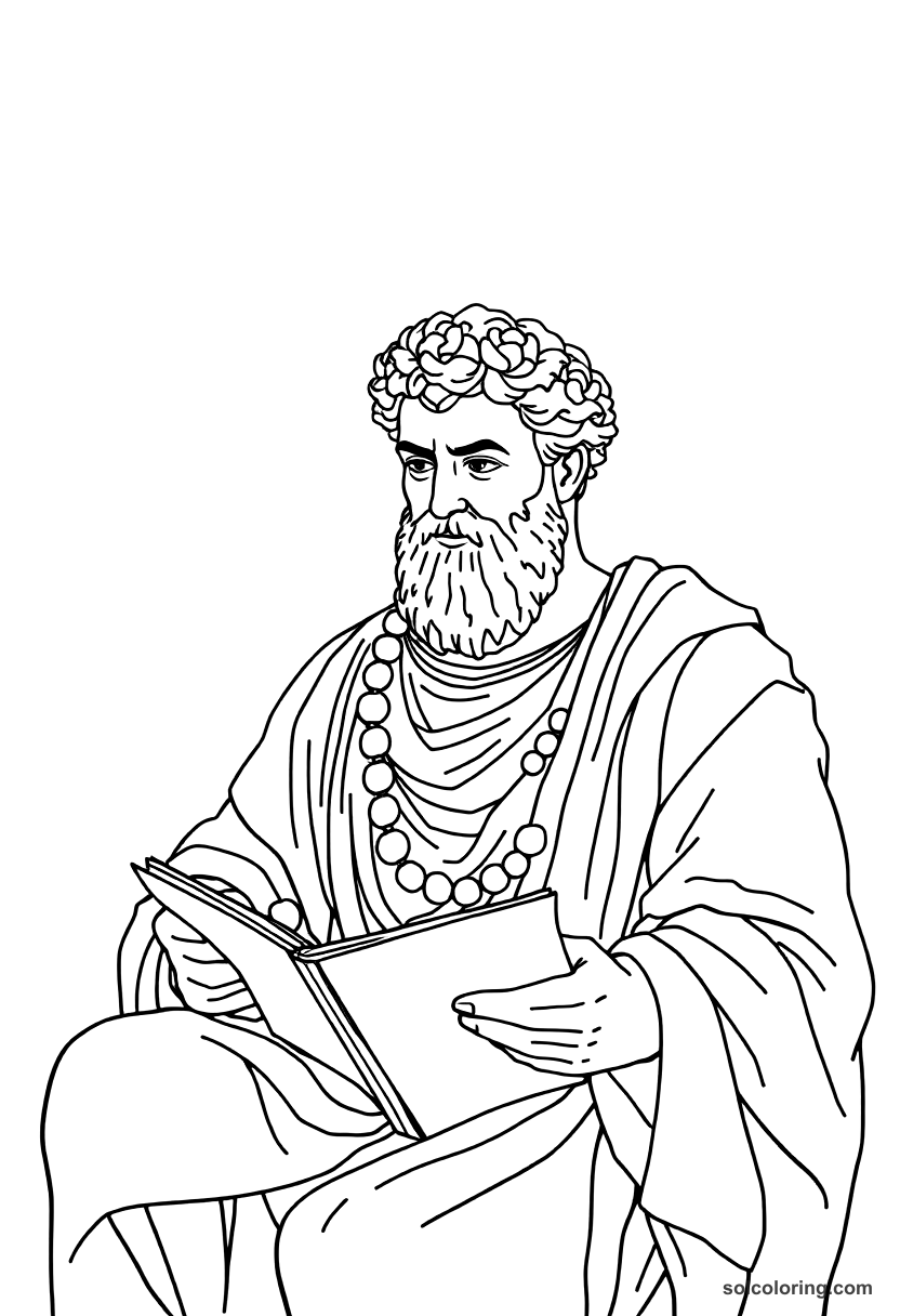 Marcus Aurelius Writing His Meditations coloring page, free printable realistic style