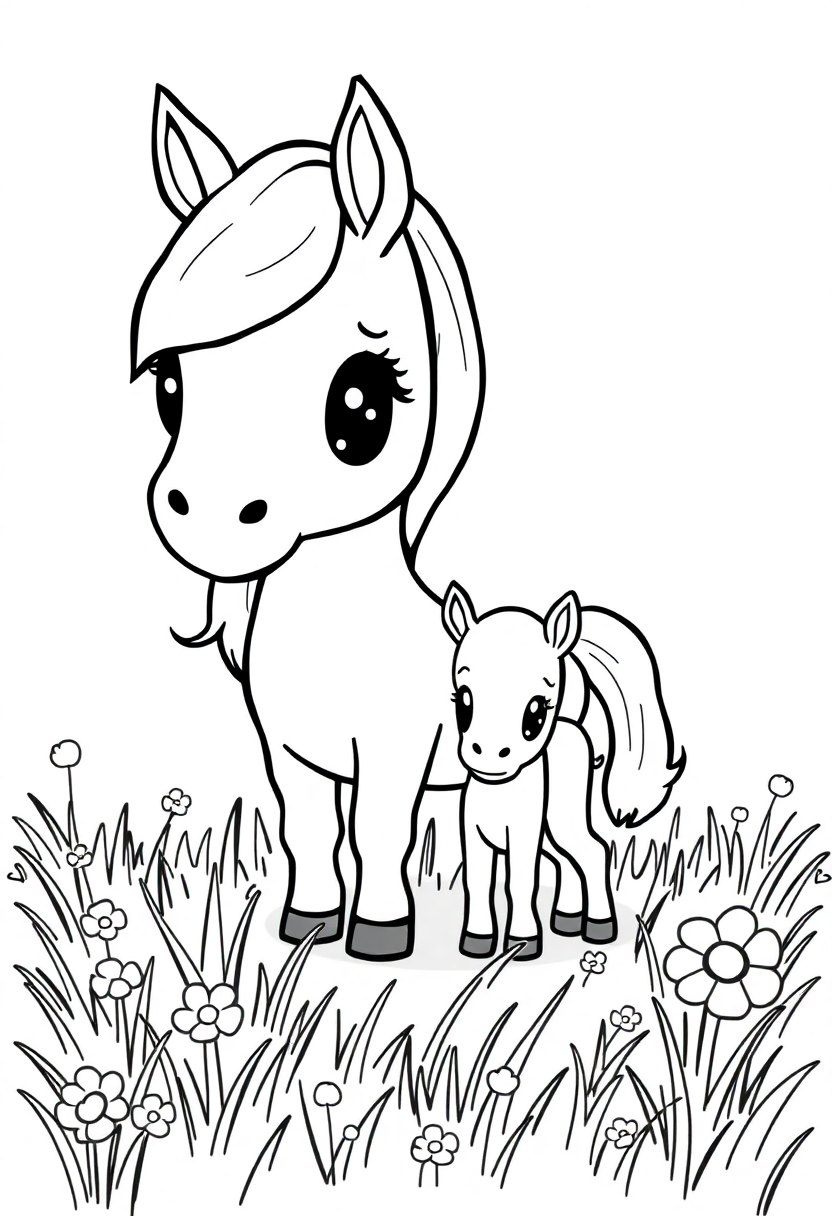 Mare and Foal in Meadow coloring page, free printable