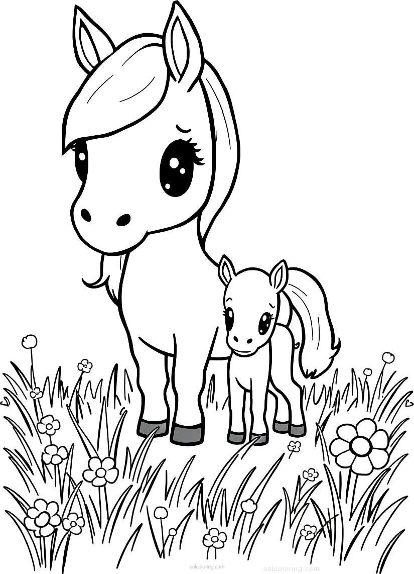 Mare and Foal in Meadow coloring page for kids
