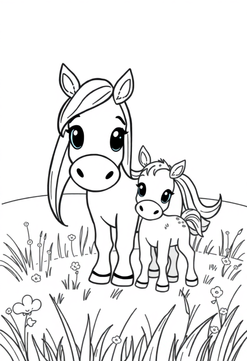 Mare and Foal in Meadow coloring page, free printable