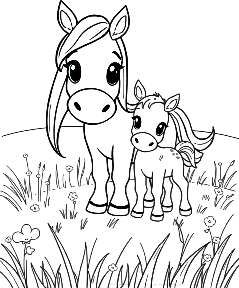 Mare and Foal in Meadow coloring page for kids