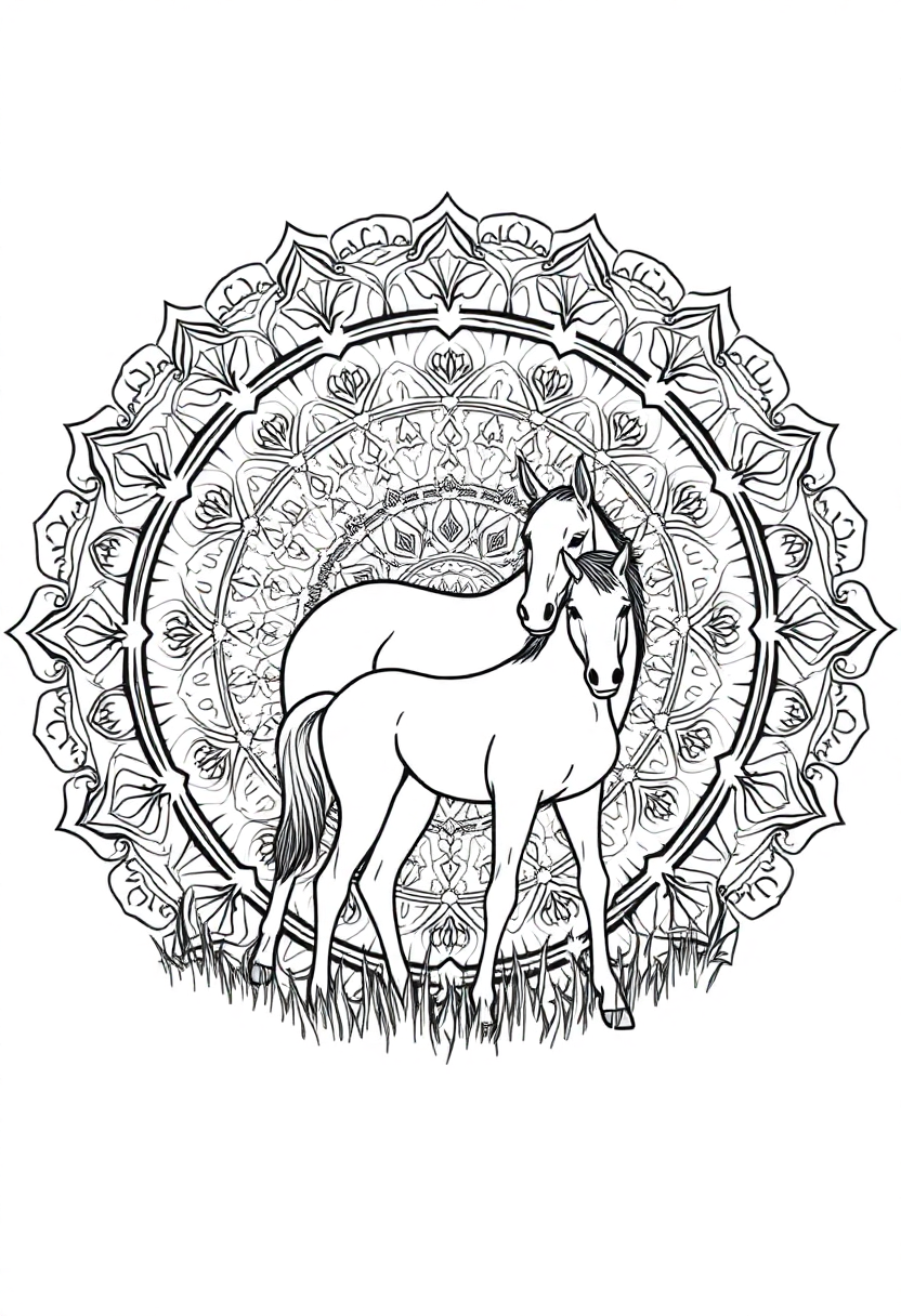 Mare and foal coloring page with mandala patterns in meadow setting, featuring bold outlines and floral details
