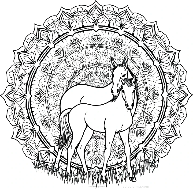 Mare and Foal in Meadow coloring page for kids