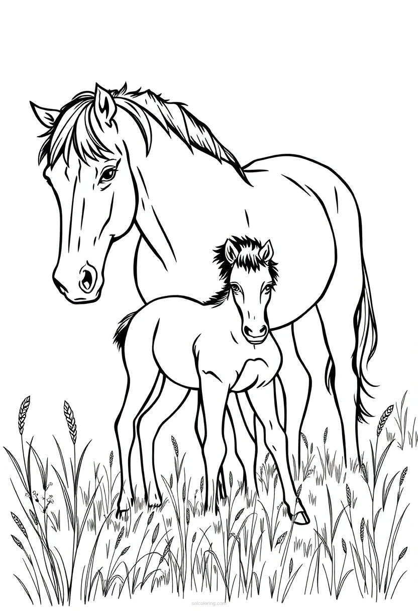 Mare and Foal in Meadow coloring page for kids
