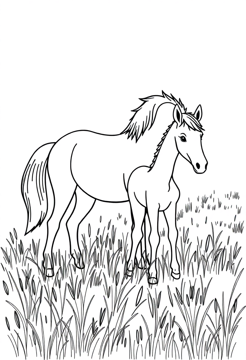 Mare and Foal in Meadow coloring page, free printable