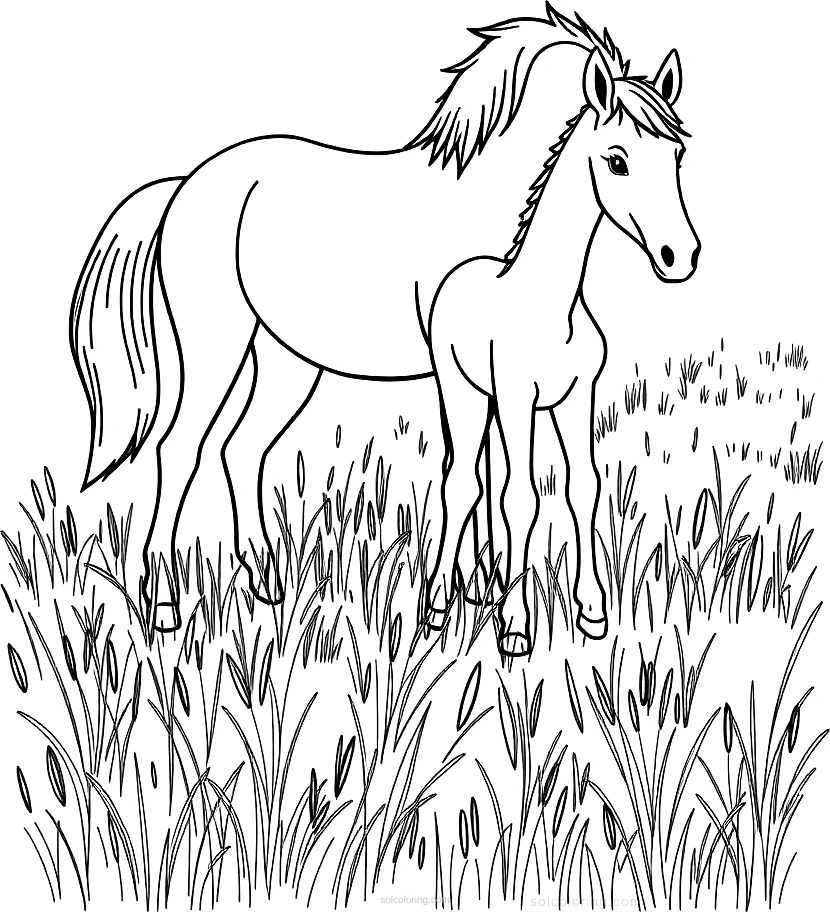 Mare and Foal in Meadow coloring page for kids
