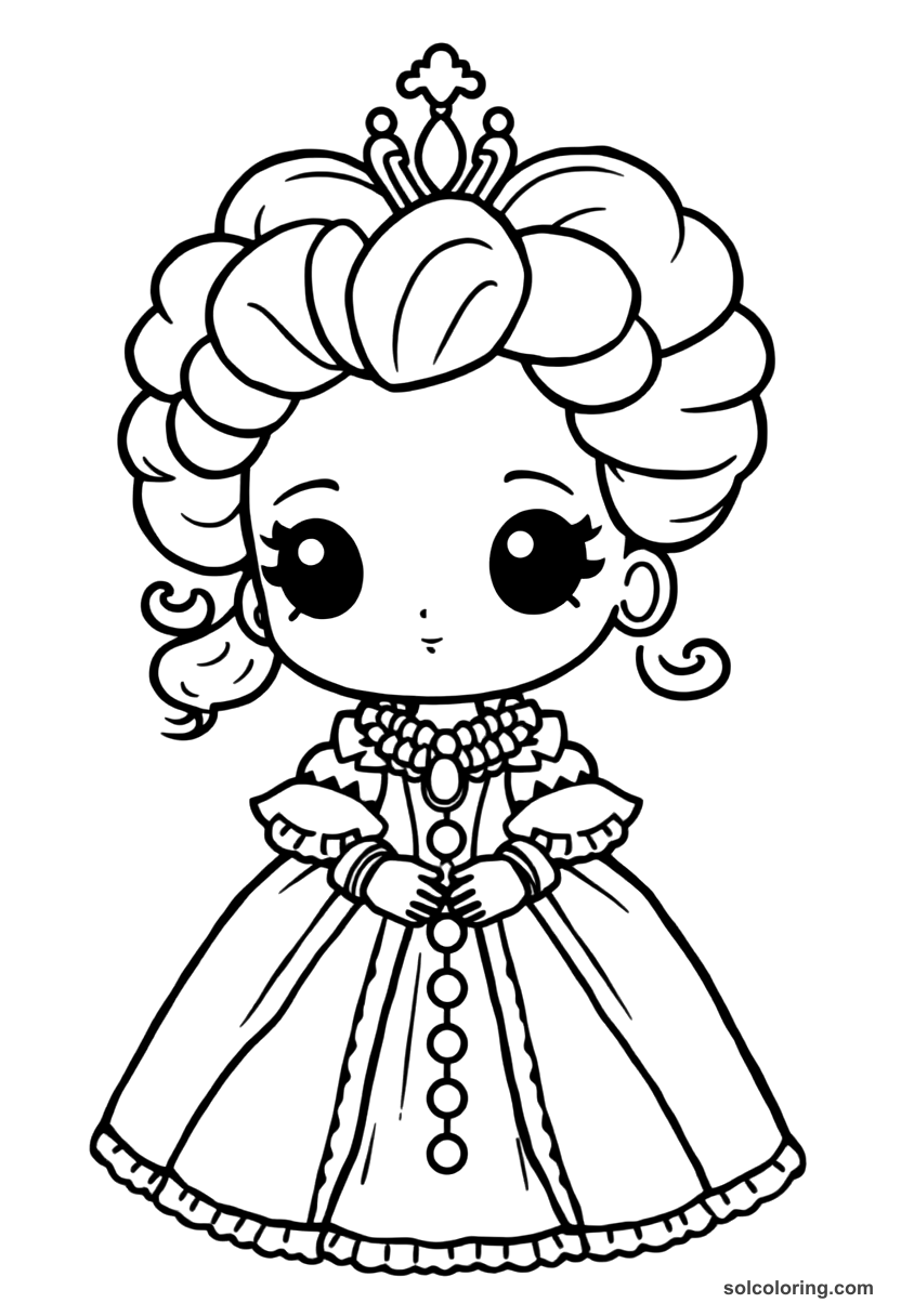 Chibi Marie Antoinette in Elaborate Court Gown coloring page, free printable chibi style for kids and adults
