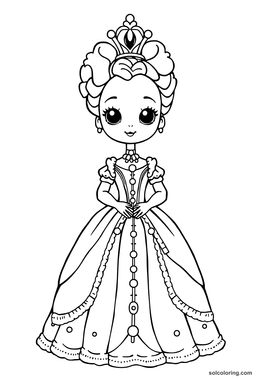 Cute Cartoon Marie Antoinette in Elaborate Court Gown coloring page, free printable cute cartoon style