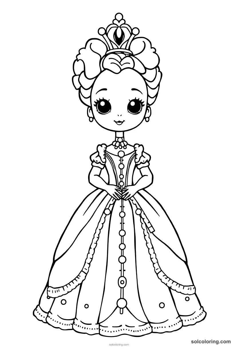 Cute Cartoon Marie Antoinette in Elaborate Court Gown cute cartoon coloring page for kids