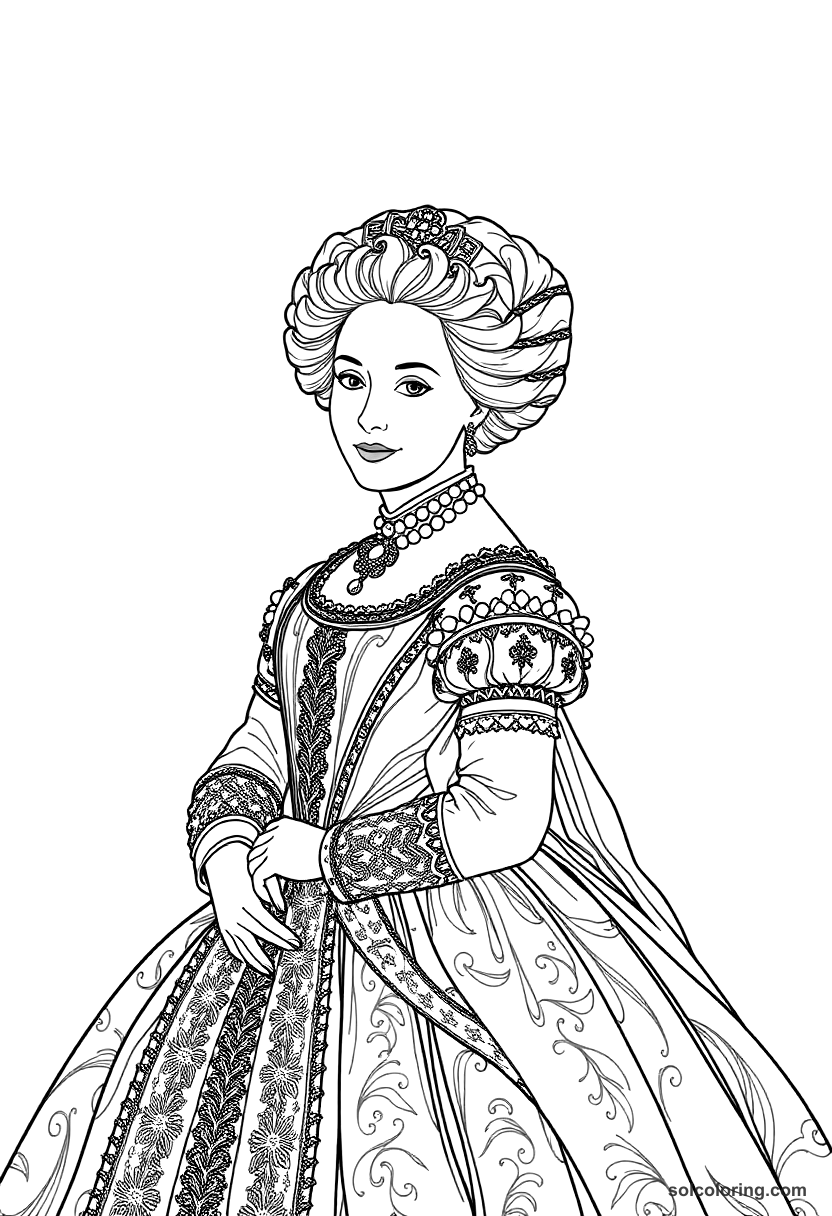 Marie Antoinette in Elaborate Court Gown coloring page, free printable detailed style