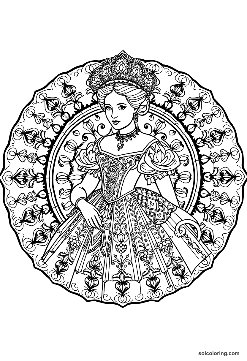 Mandala Marie Antoinette in Elaborate Court Gown coloring page, free printable mandala style