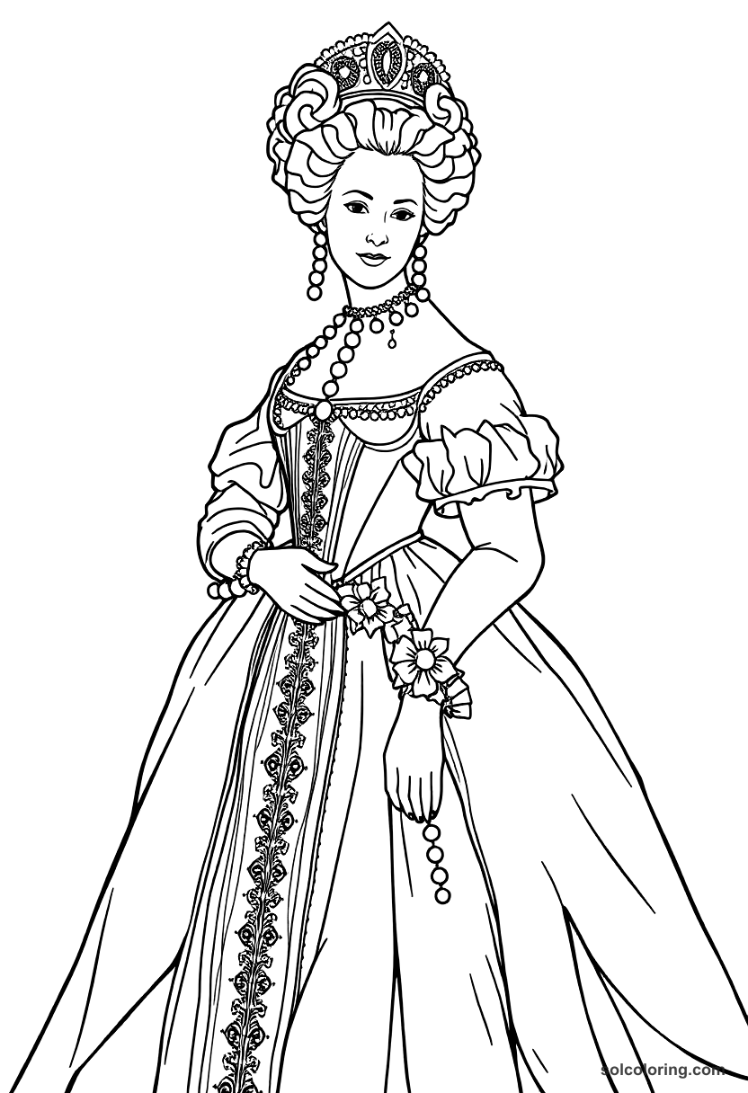 Marie Antoinette in Elaborate Court Gown coloring page, free printable realistic style