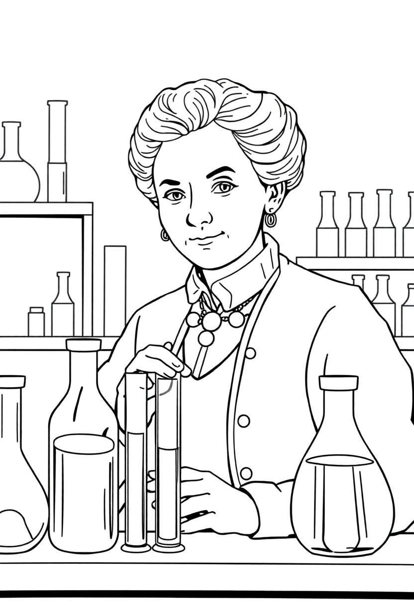 Marie Curie in Laboratory with Test Tubes coloring page, free printable