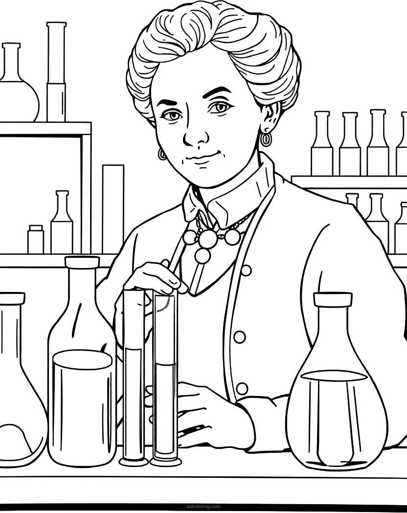 Marie Curie in Laboratory With Test Tubes coloring page for kids