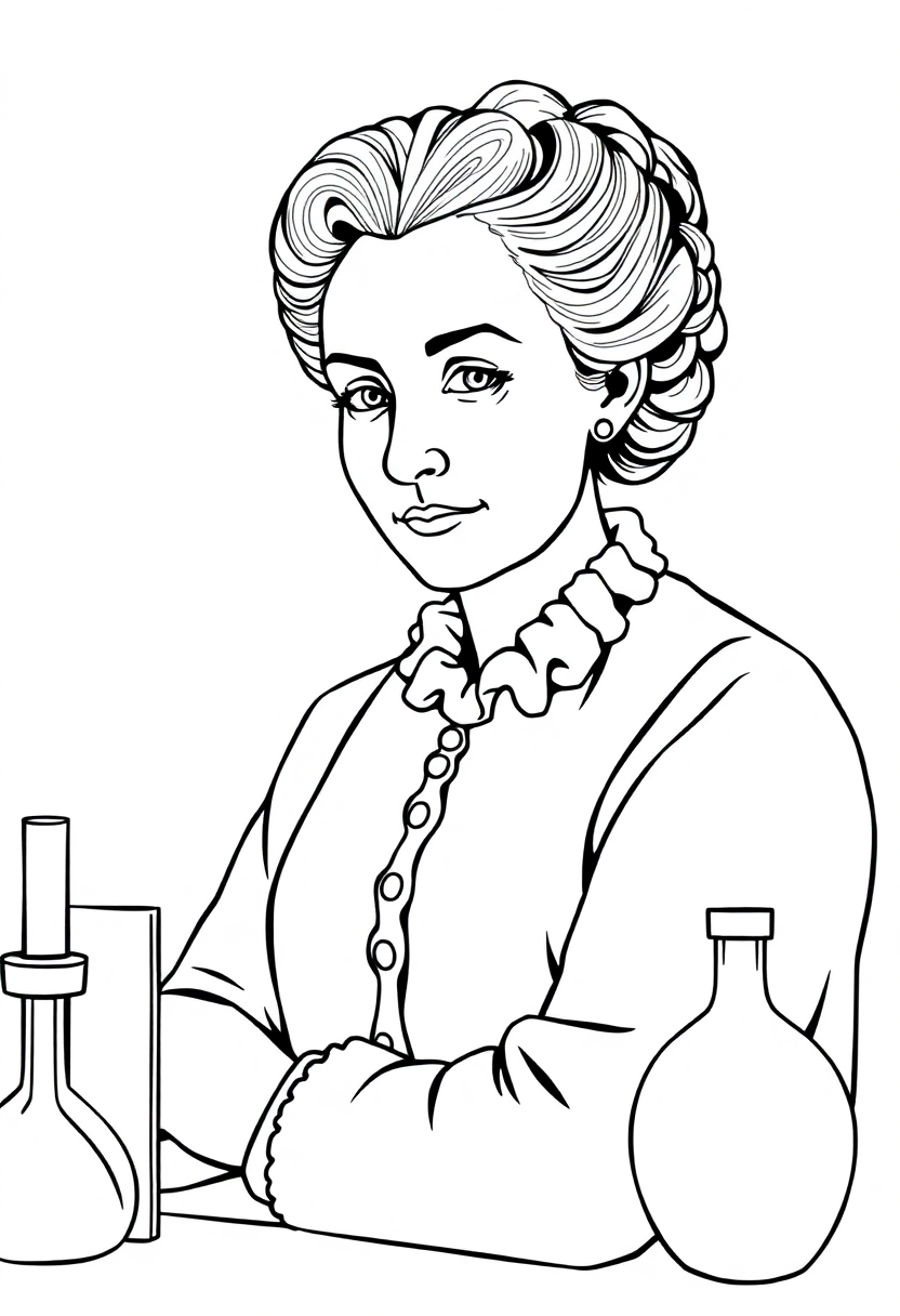 Marie Curie in Laboratory with Test Tubes coloring page, free printable