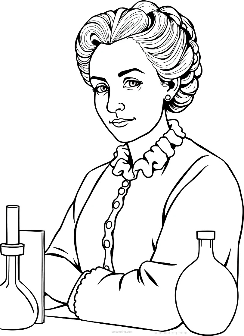 Marie Curie in Laboratory With Test Tubes coloring page for kids
