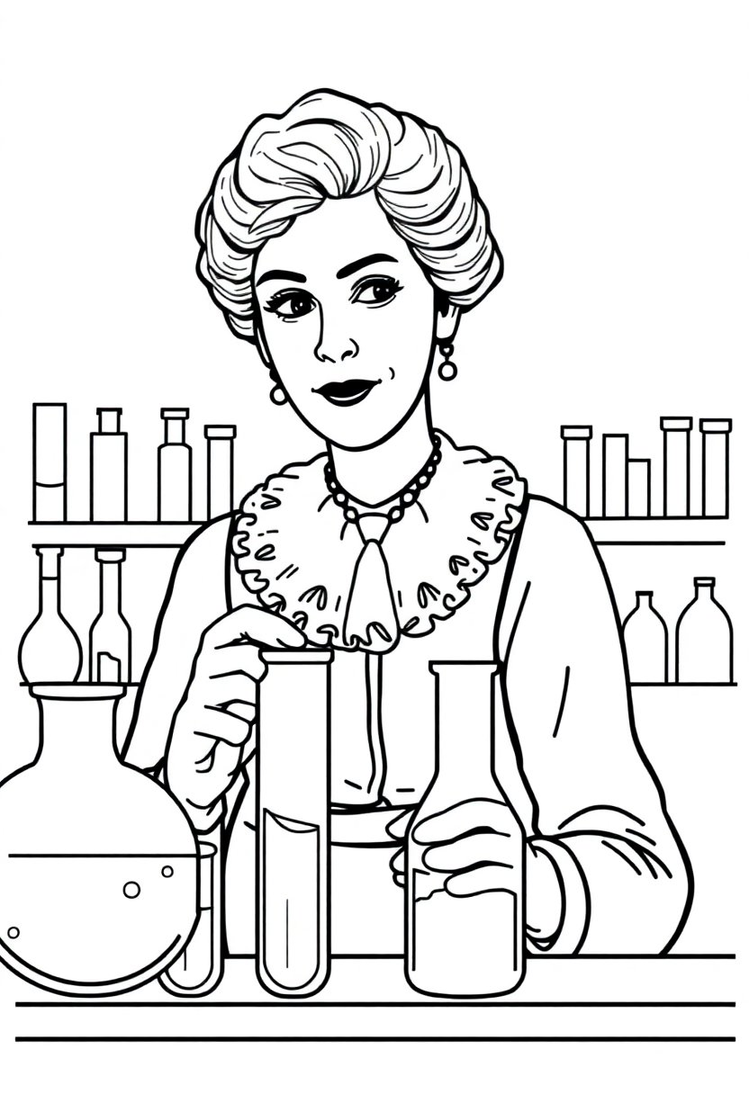 Marie Curie in Laboratory with Test Tubes coloring page, free printable