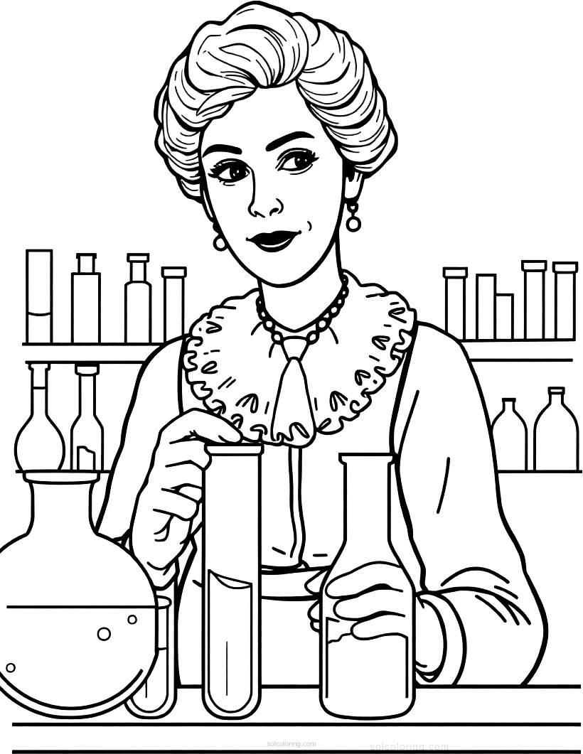 Marie Curie in Laboratory with Test Tubes coloring page for kids