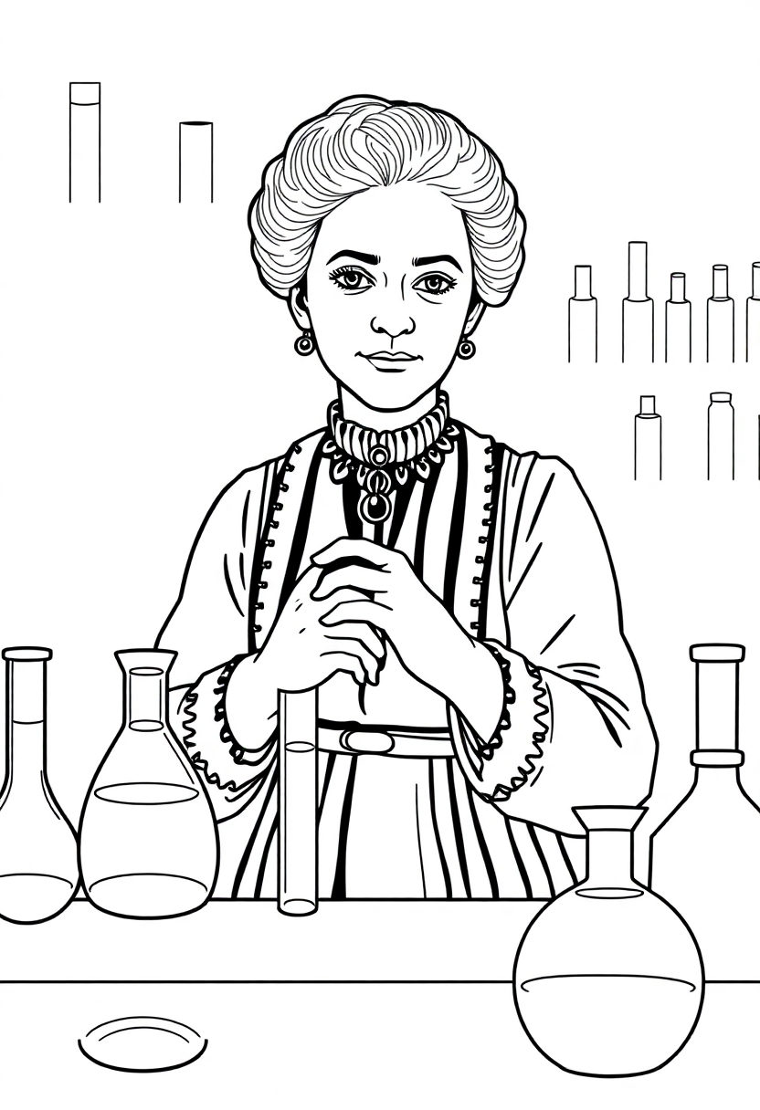 Marie Curie in Laboratory with Test Tubes coloring page, free printable