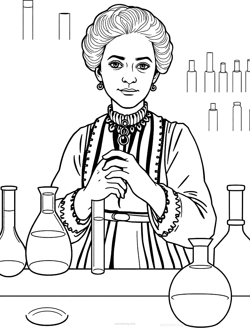 Marie Curie in Laboratory With Test Tubes coloring page for kids