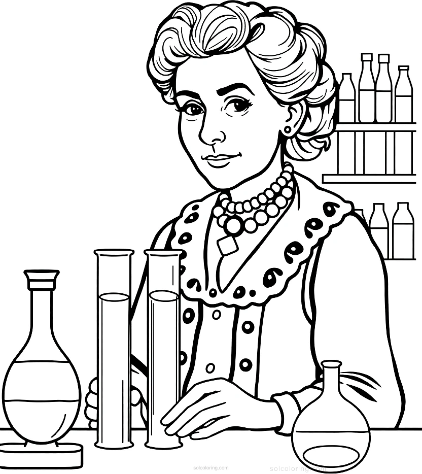 Marie Curie in Laboratory With Test Tubes coloring page for kids