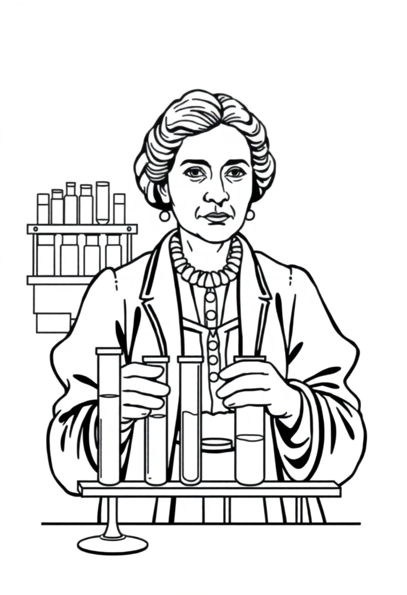 Marie Curie coloring page showing the scientist in laboratory with test tubes and scientific equipment, bold outlines