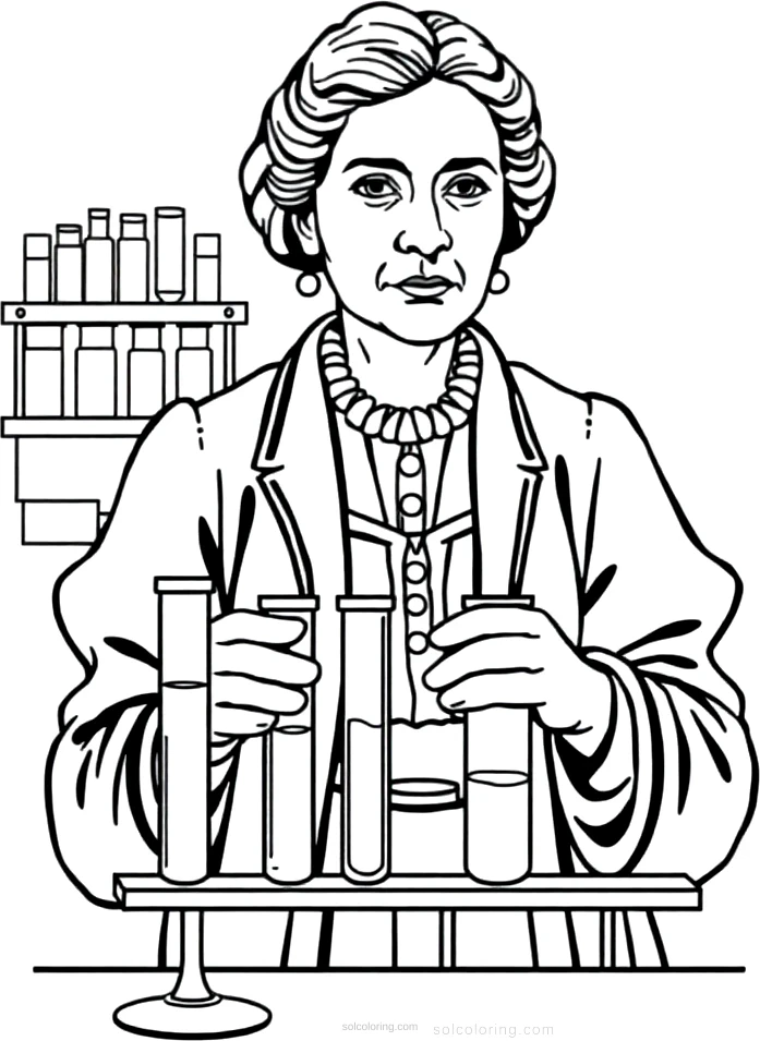 Marie Curie in Laboratory With Test Tubes coloring page for kids
