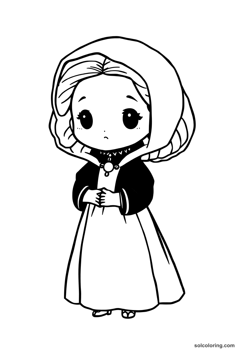 Chibi Mary Queen of Scots in Mourning Dress coloring page, free printable chibi style