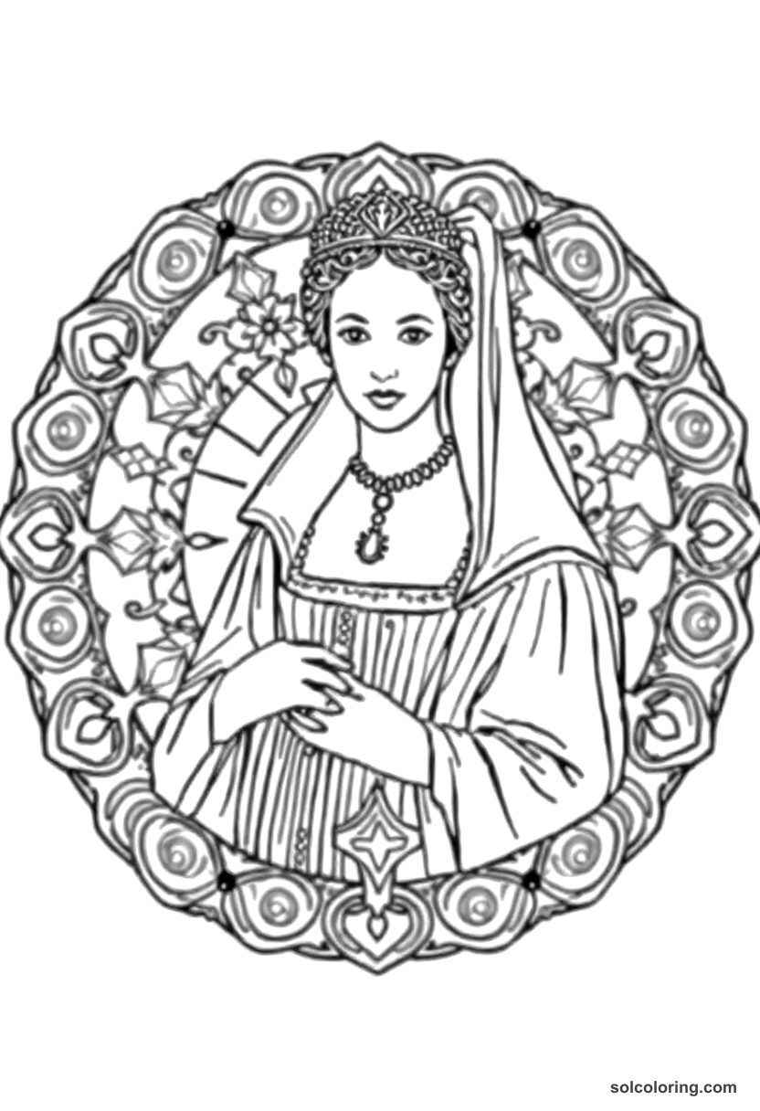 Mandala Mary Queen of Scots in Mourning Dress coloring page, free printable mandala style