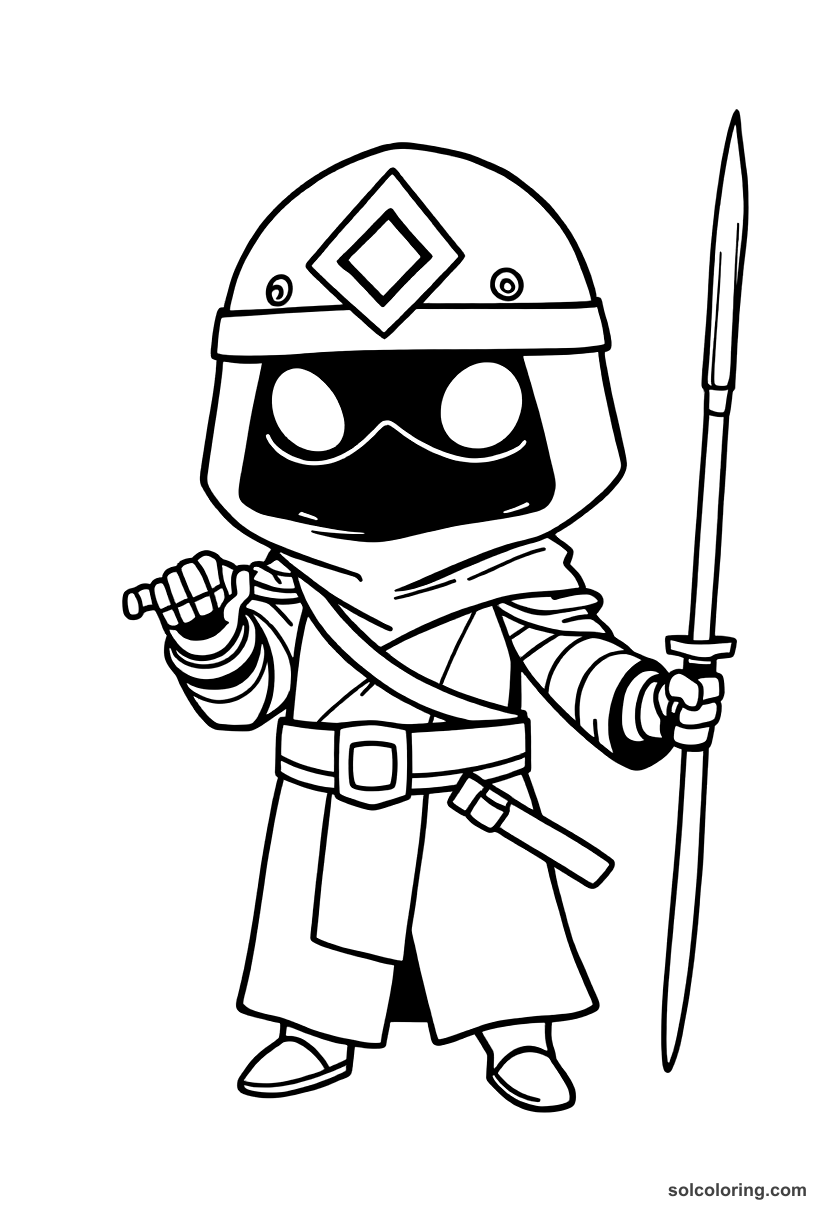 Chibi Masrur the executioner standing guard coloring page, free printable chibi style
