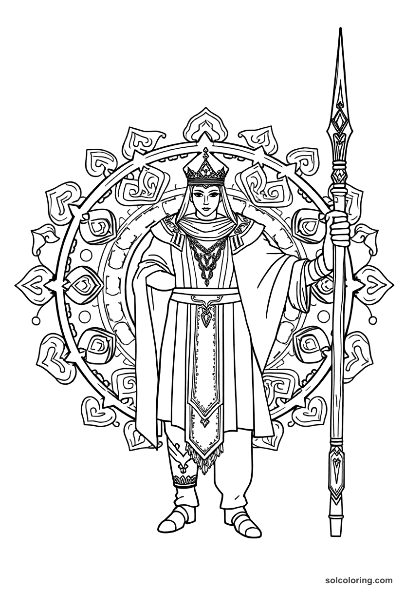 Mandala Masrur the executioner standing guard coloring page, free printable mandala style