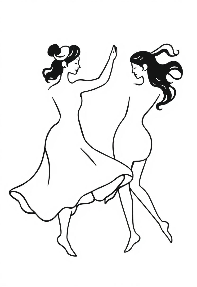 Matisse Cut-Out Dancers coloring page showing flowing figures in graceful dance poses with bold outlines for detailed coloring