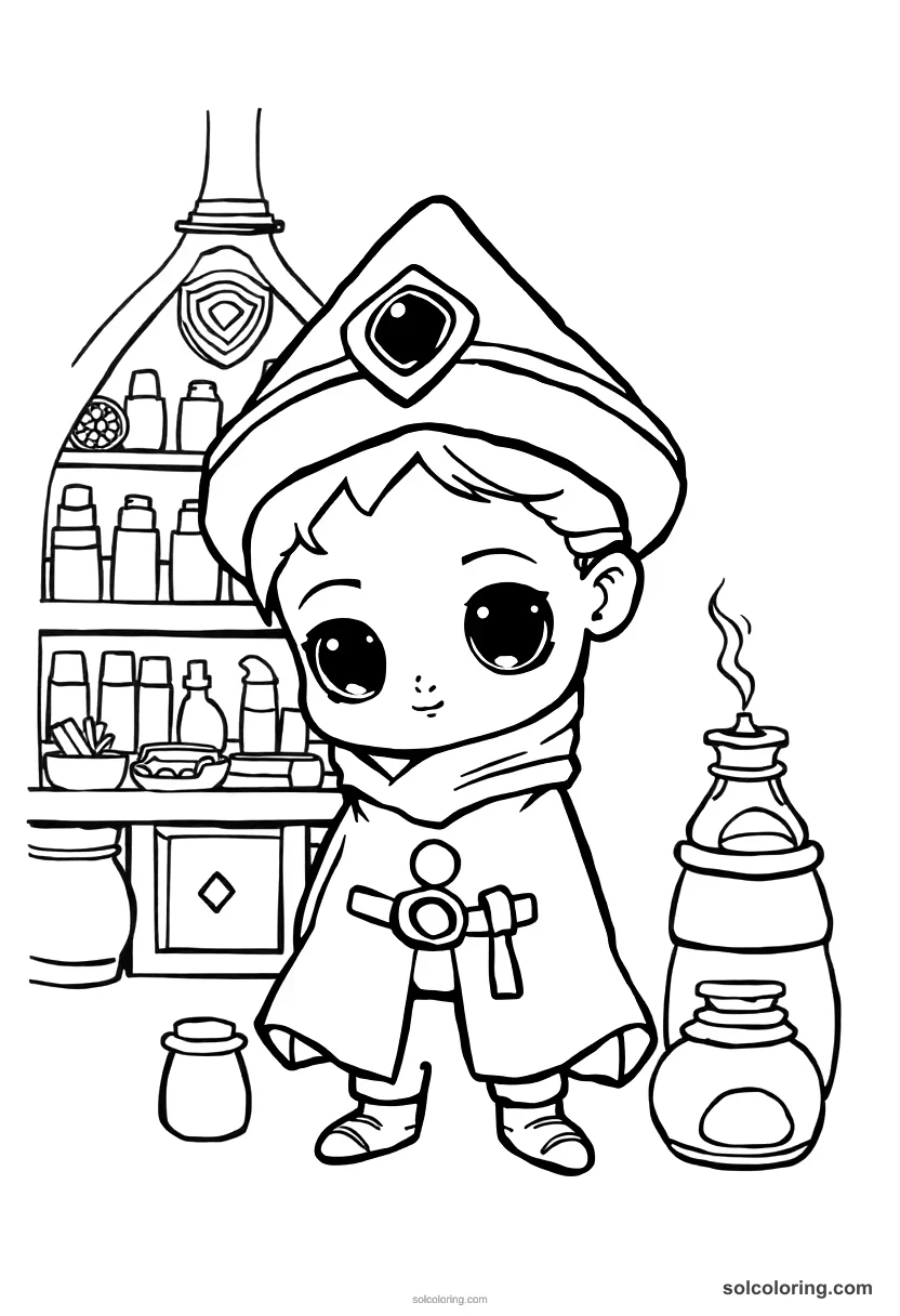 Chibi Medieval Alchemist's Laboratory chibi coloring page for kids