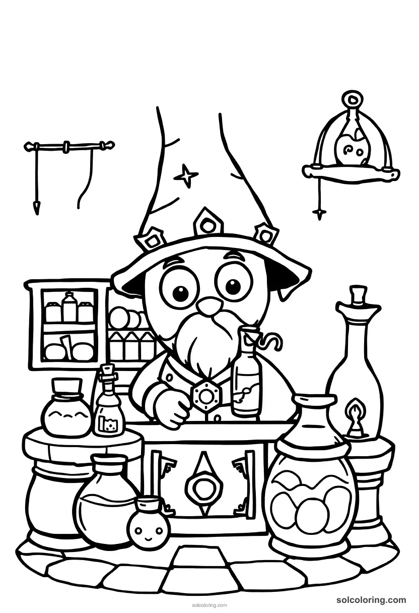 Cute Cartoon Medieval Alchemist's Laboratory cute cartoon coloring page for kids