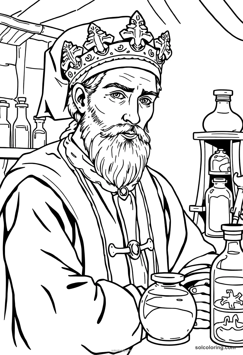 Medieval Alchemist's Laboratory detailed coloring page for kids