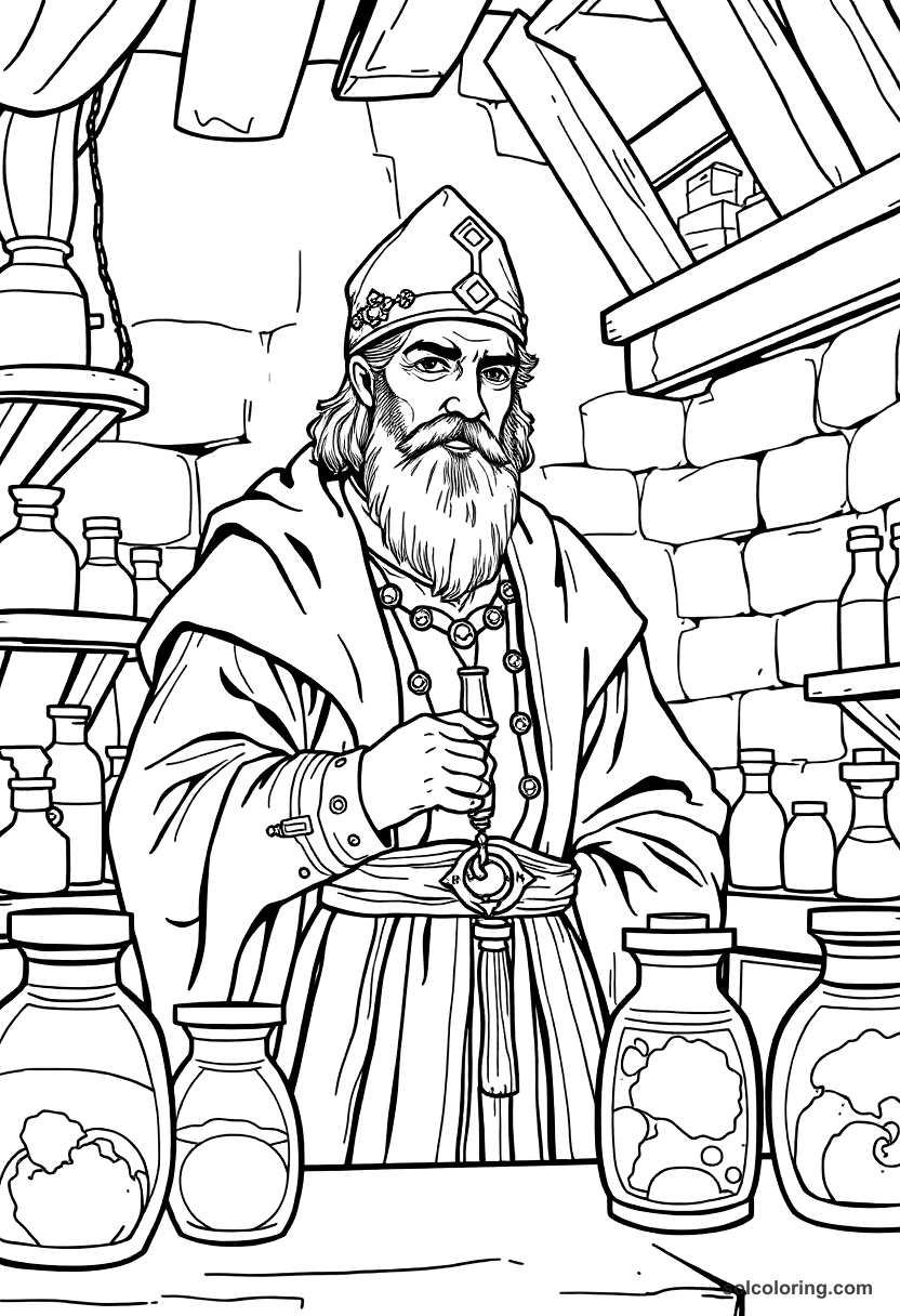 Medieval alchemist laboratory coloring page showing bottles, beakers, scrolls, and scientific equipment with bold outlines