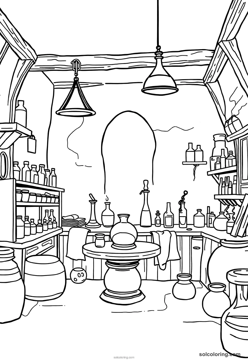Simple Medieval Alchemist's Laboratory simple coloring page for kids
