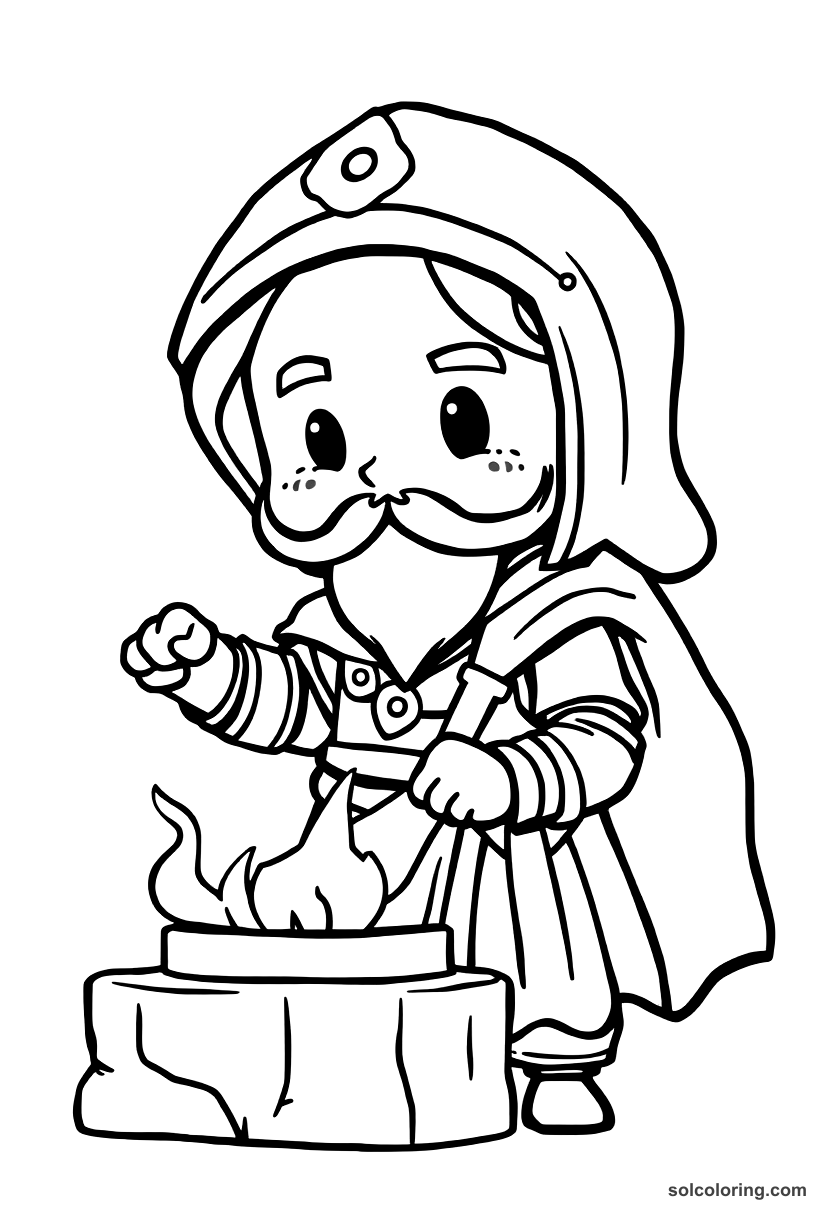 Chibi Medieval Blacksmith at the Forge coloring page, free printable chibi style for kids and adults