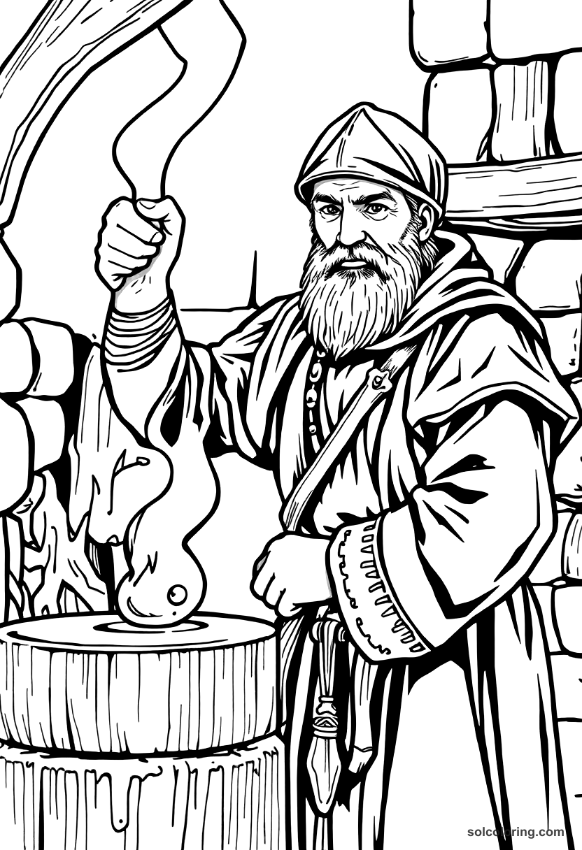 Medieval Blacksmith at the Forge coloring page, free printable detailed style