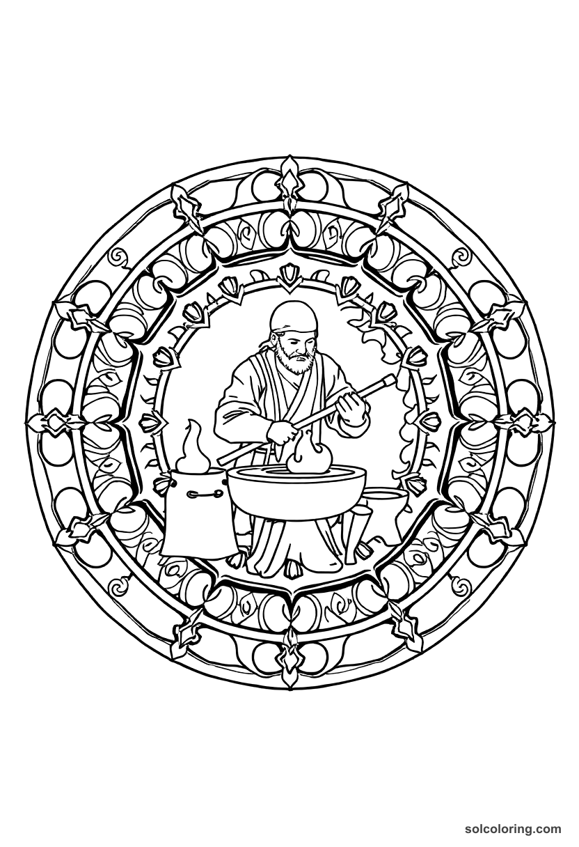 Mandala Medieval Blacksmith at the Forge coloring page, free printable mandala style