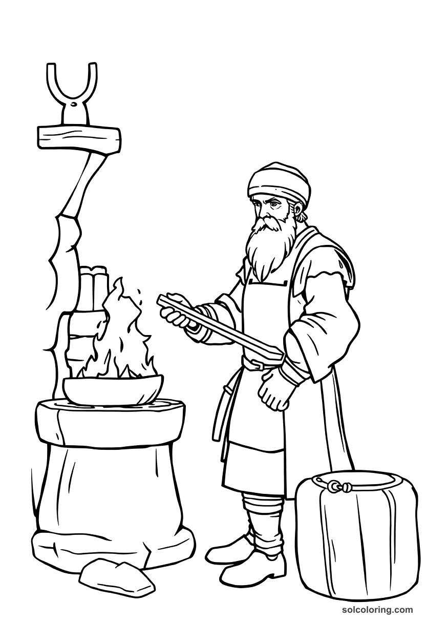 Simple Medieval Blacksmith at the Forge coloring page, free printable simple style