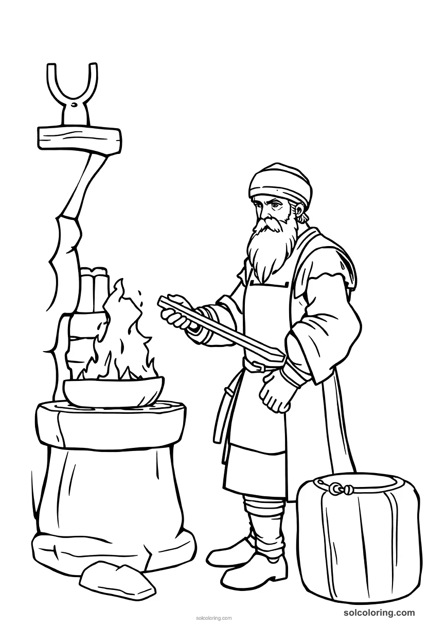 Simple Medieval Blacksmith at the Forge simple coloring page for kids