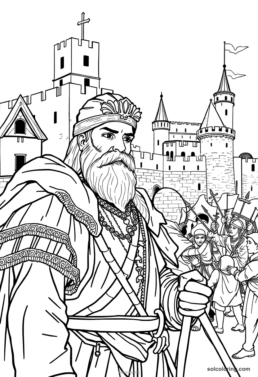 Medieval Castle Under Siege detailed coloring page for kids
